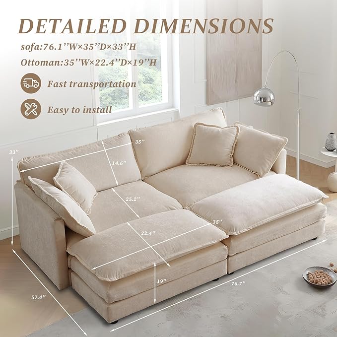SoarFlash Chenille Sectional Sofa, Comfy Modular Coush Sofa with Ottoman, Modern 2 Seat Recliner Deep Seat Sofa Set for Living Room,Light Coffee