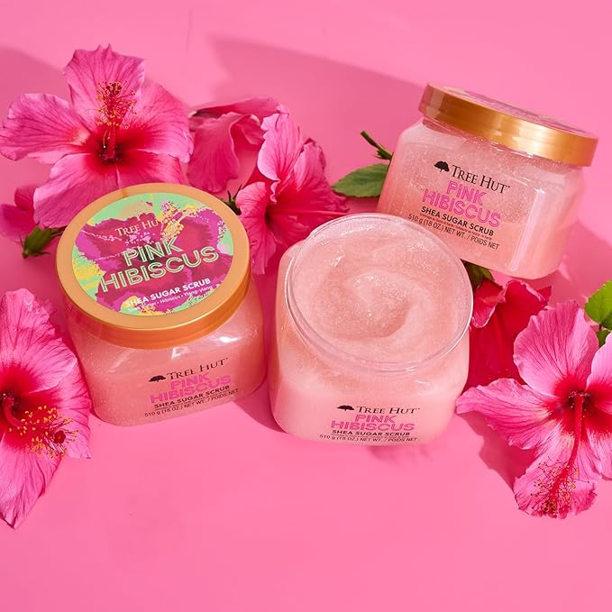 Tree Hut Pink Hibiscus Shea Sugar Scrub, Exfoliating, Hydrating & Moisturizing Body Scrub with Shea Butter & Nourishing Essential Oils, Smooth & Soften Skin, 18 oz