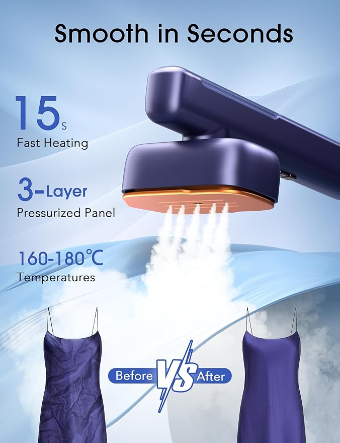 Travel Steamer for Clothes,110-240V Portable Iron,15s Heat Up,Steamer ＆ Iron 2 In 1 Handheld Garment Steamer Irons, Travel Size,Large Ceramic Heat Panel,for Global and Europe