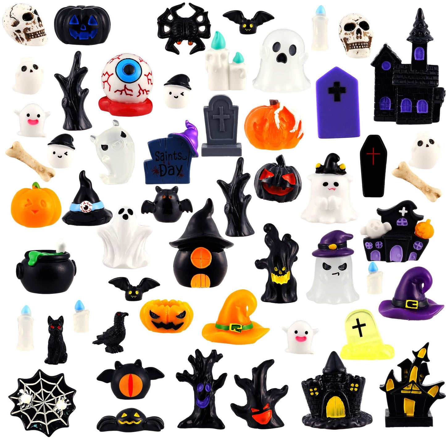 Bbiamsleep 54 Pcs Halloween Mini Resin Figurines Miniature Pumpkin Ghost Skull Tiny Resin Animals to Hide for Halloween Party Fairy Garden Decor