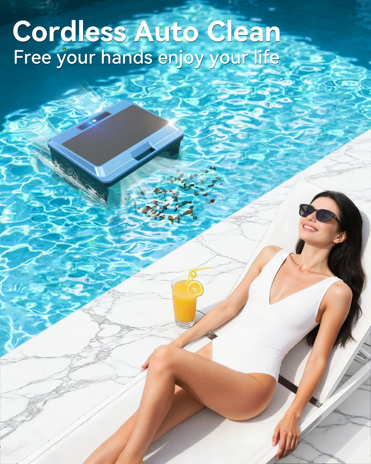 Poofata 2026 Upgraded F1T Solar Powered Robotic Pool Skimmer Surface Cleaner with APP Support Dual Charging Options Smart Obstacle Avoidance 24/7 Continuous Cleaning Ideal for Above Ground Pool Blue