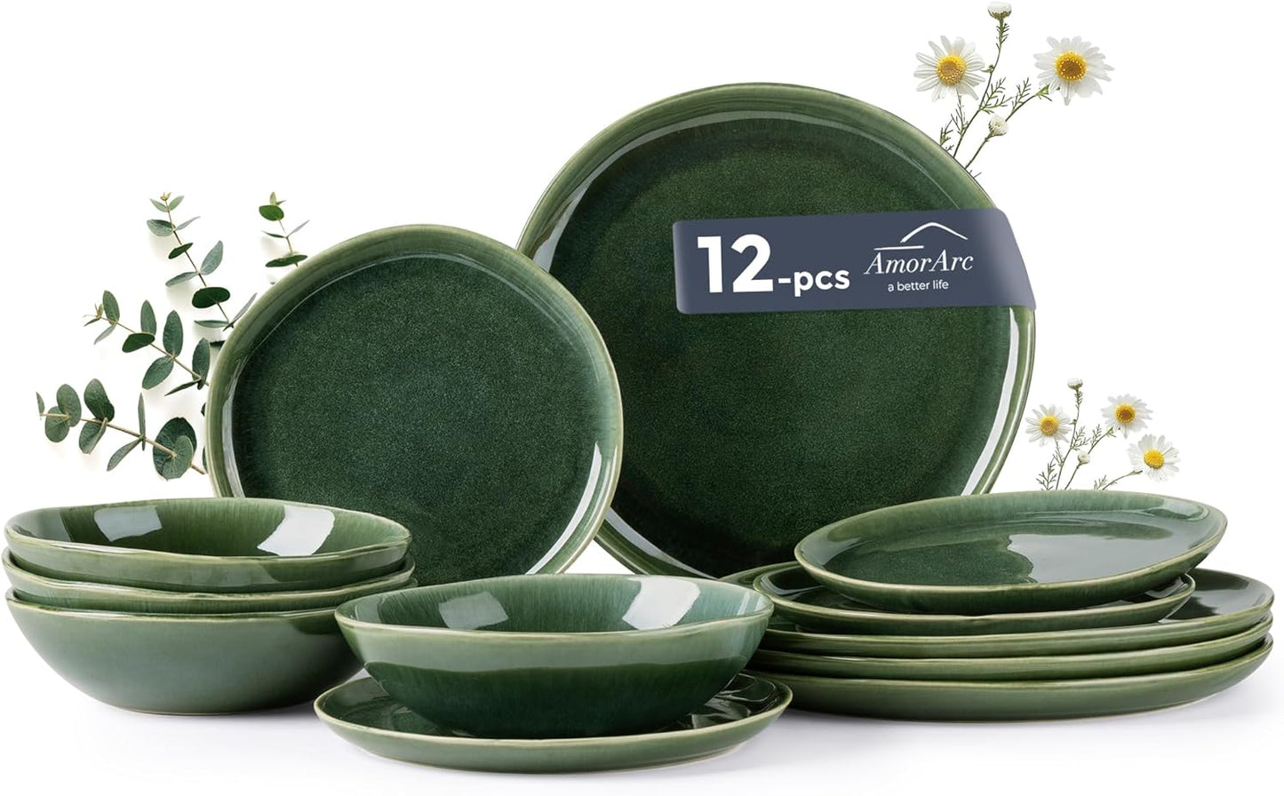 AmorArc Ceramic Dinnerware Sets,Handmade Reactive Glaze Stoneware Plates and Bowls Set,Highly Chip and Crack Resistant | Dishwasher & Microwave Safe Dishes Set,Service for 4 (12pc)
