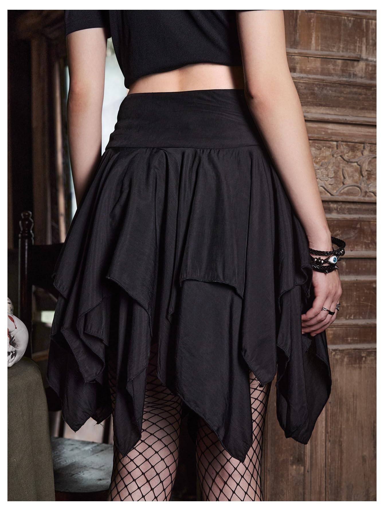 Verdusa Women's Goth Fairy Layered Skirt Renaissance Skort Lace Up Asymmetrical Mini Skirts Black Small