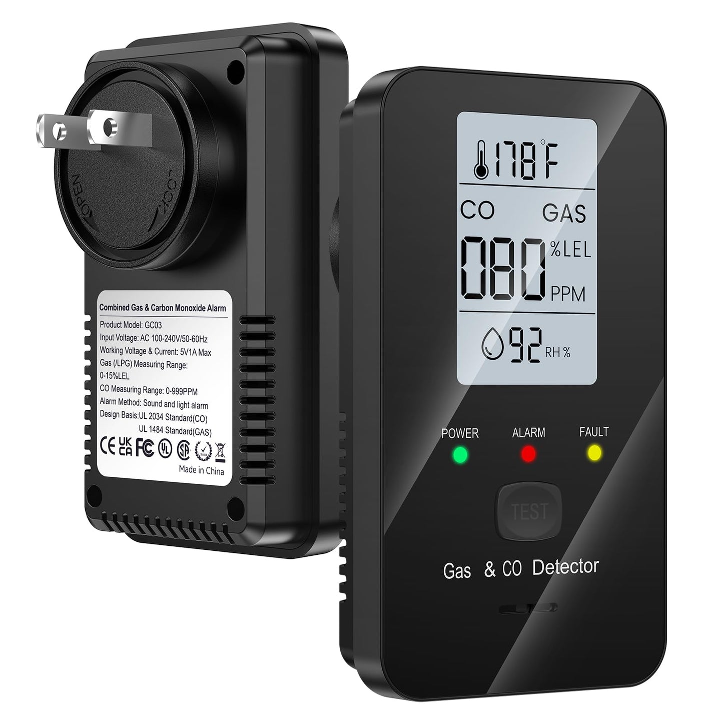 Nuleto 4-in-1 Carbon Monoxide Detectors & Combustible Gas Detector,Carbon Monoxide Detectors Plug in,Natural Gas Leak Detector with Temperature,Humidity to Ensure Home,Hotel,RV Safety,1 Pack,Black
