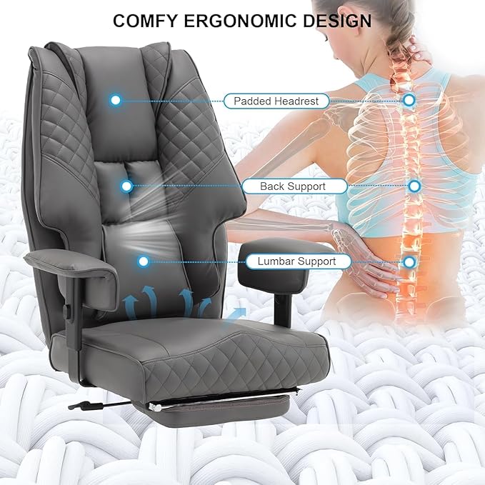 KCREAM 500lb Big and Tall Reclining Office Chair with Footrest, PU Leather Executive Computer Chair with Wheels Recliner Home Desk Chairs with Lumbar Support Swivel Task Chair for Heavy People,Grey