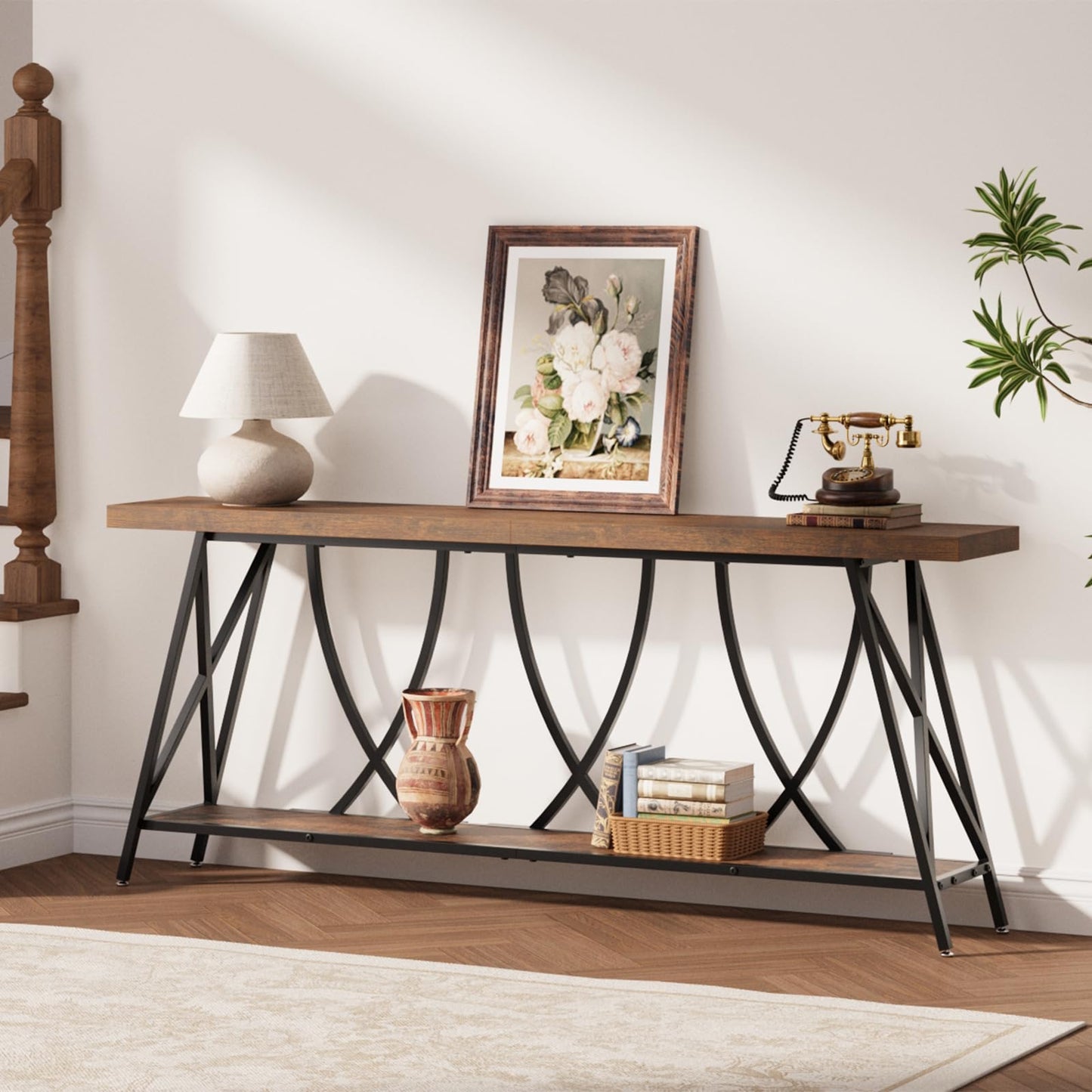 JUSTOGO 70.9" Narrow Console Table for Entryway, Industrial Long Sofa Table Behind Couch, Farmhouse Hallway Table with Storage for Living Room, Entrance, Foyer, Rustic Brown