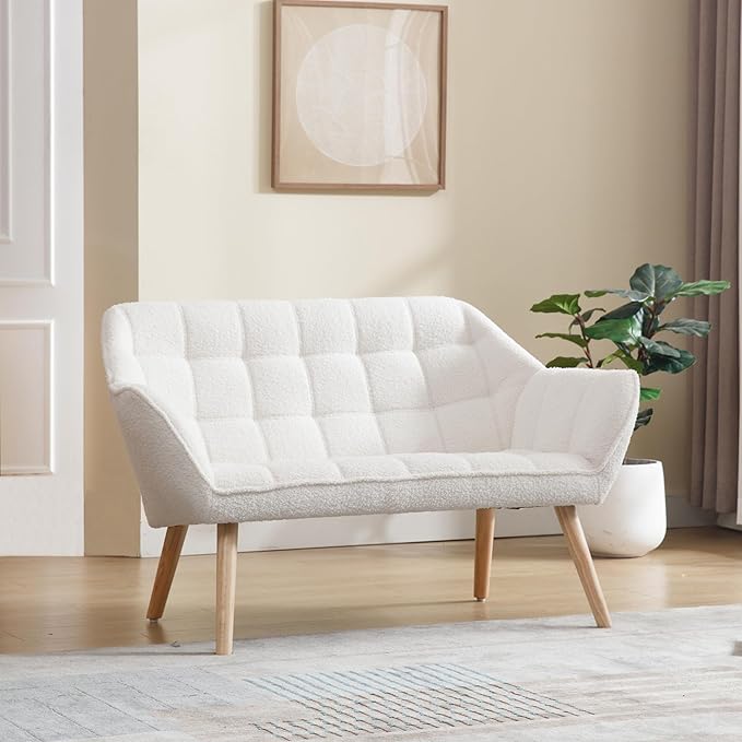 Hyfirm Small Loveseat Sofa, 48 inch Love Seat for Living Room Comfy Sherpa Mini Couch with Wood Legs for Small Spaces Bedroom Apartment Office, White