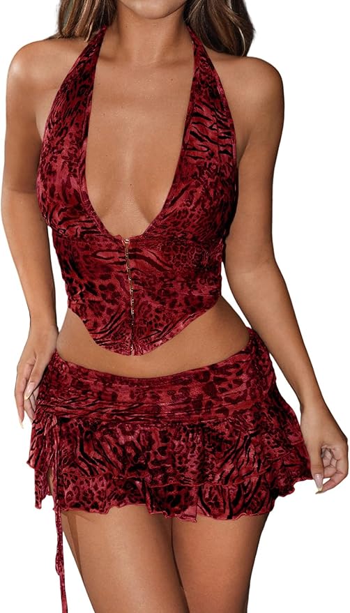 SHENHE Women's Skirt Set Y2k 2 Piece Outfits Leopard Halter Backless Top and Animal Ruffle Mini Skirt Sets