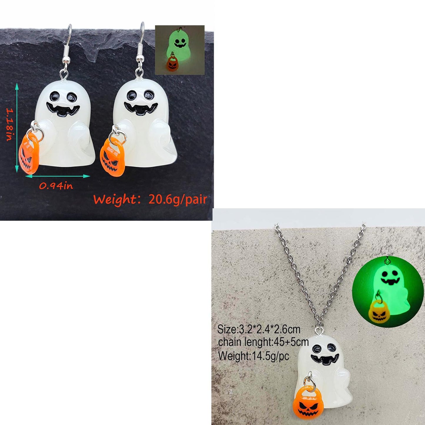 Ghost Earrings，Spooky Halloween Earrings Necklace Set for Women Pumpkin Ghost Glow In The Dark Dangle Earrings，3d Light Up Candy Corn Necklaces Holiday Jewelry Gifts (Set1)