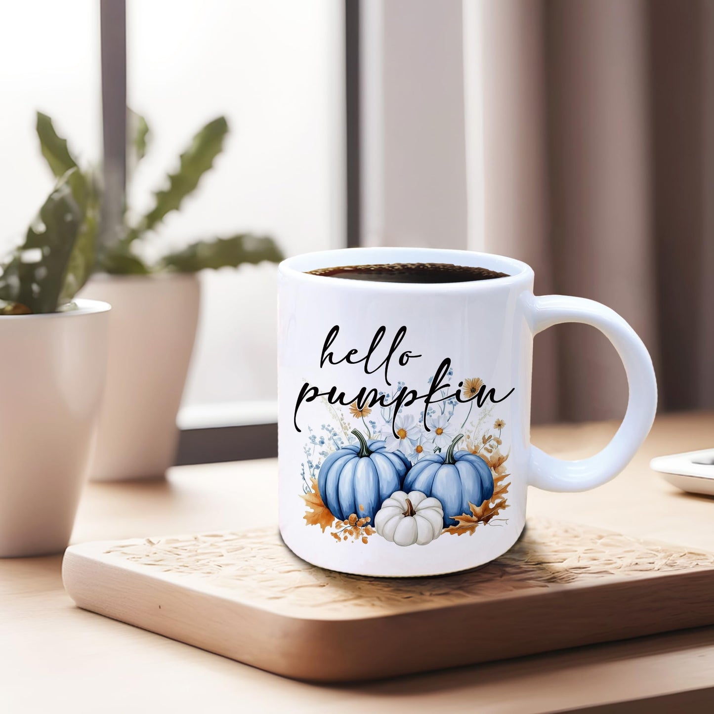 Foyoulame Fall Pumpkin Coffee Mugs, Hello Pumpkin Mug, Blue and White Pumpkins Coffee Teacup, Fall Thanksgiving Gifts for Women, Autumn Gifts for Women, Autumn Pumpkins Ceramic CoffeeMug 11oz