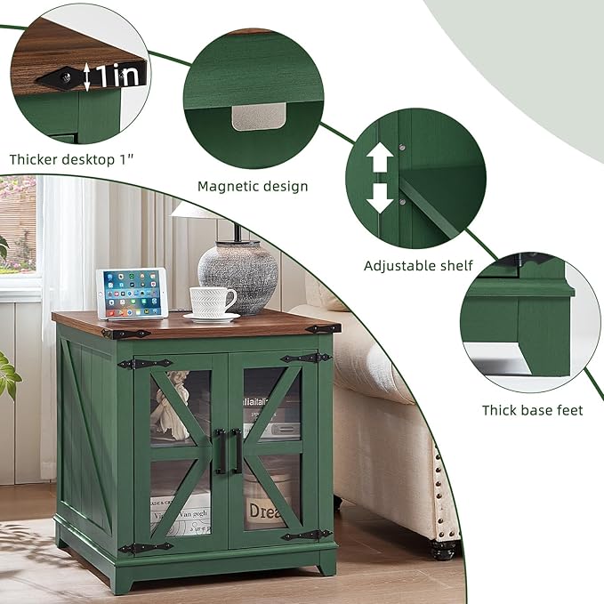 Joaxswe Farmhouse End Table with Charging Station Set 2, 24" Large Sofa Side Table with Glass Barn Door, Nightstand with Adjustable Storage Shelf, Wood Square Bedside Table for Living Room, Bedroom
