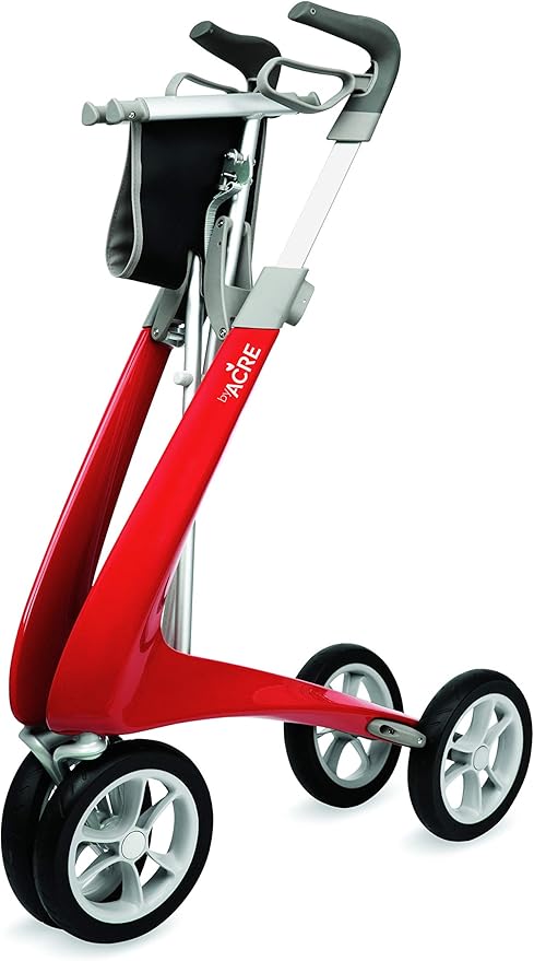 ByACRE Carbon Ultralight Rollator Walker With Organizer Bag, Wide Track, 18.5" x 24" Seat (W x H), Red