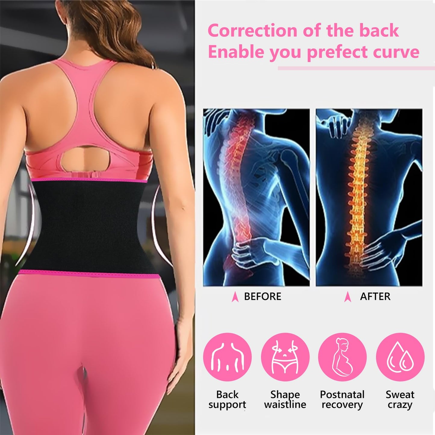 AMZBOSS Waist Trainer for Women Lower Belly Fat, Waist Sweat Band for Women, Belly Band Sweat Belt, Stomach Wrap, Body Shaper, Great Gym Accessories for Sauna, Working Out, Fitness, Medium Black/Pink
