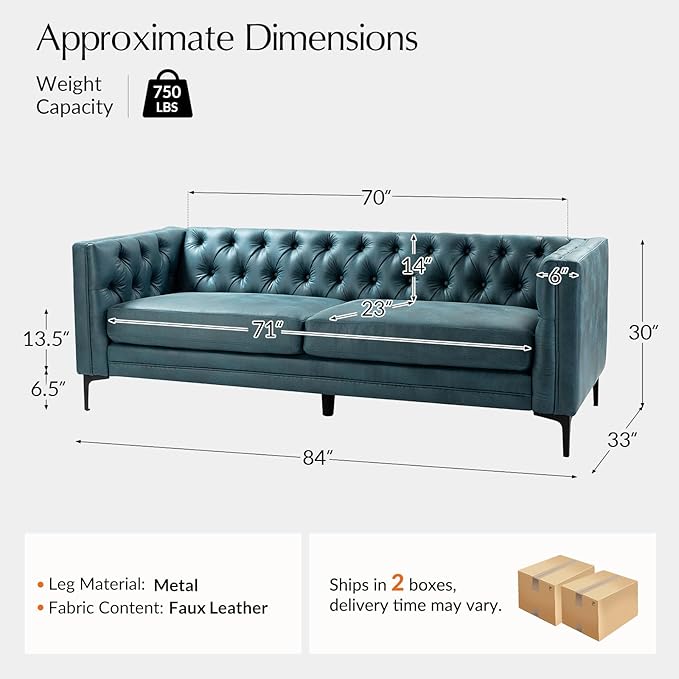 HULALA HOME 84" W Faux Leather Sofa, Mid Century Modern Couch with Metal Legs and Button Tufted, 3 Seater Contemporary Upholstered Couches for Living Room, Entertainment Area, Apartment, Blue