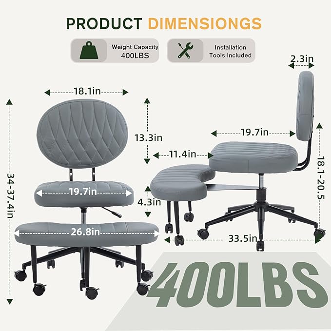 Ergonomic Cross Legged Office Chair with Wheels, Wide Seat and Backrest for Meditation, ADHD Cross Legged Office Chair with Adjustable Height, 360°Rotating Footrest for Yoga Home Office