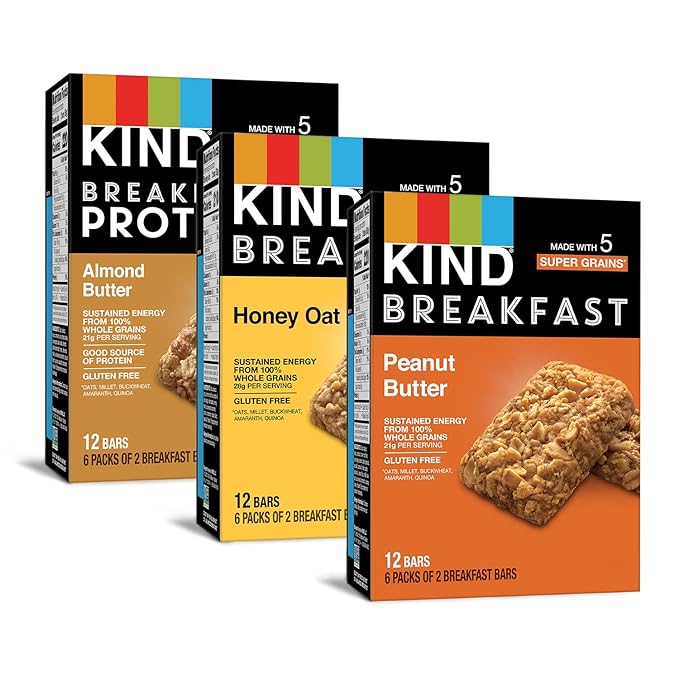 KIND Breakfast Bars, Variety Pack, Honey Oat, Almond Butter, and Peanut Butter, Healthy Snacks, Gluten Free, 3-8g Protein,...