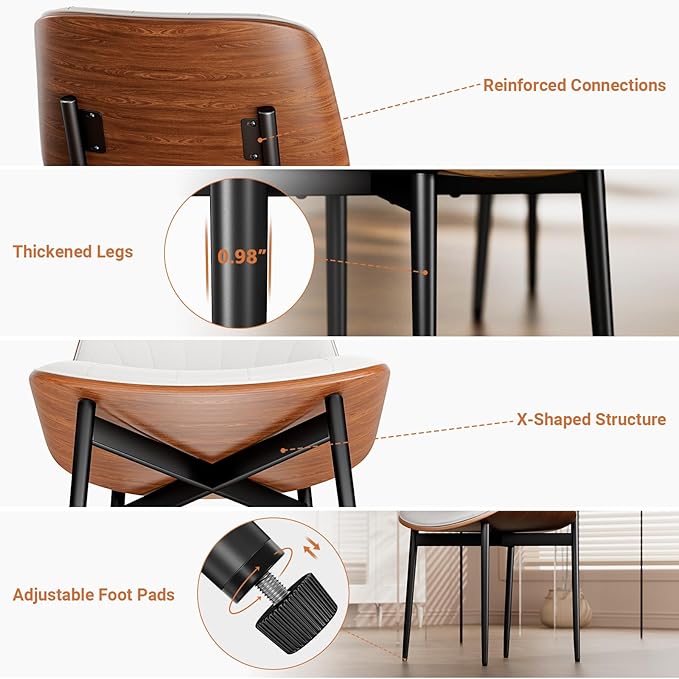 YaFiti Dining Chairs Set of 6, Dining Room and Kitchen Chairs, FSC Certified Mid Century Modern Accent Chair, Upholstered PU Leather Chairs for Vanity with Walnut Bentwood and Metal Legs, White