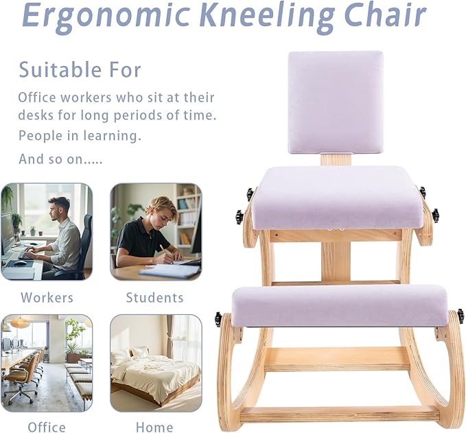 VDNEND Ergonomic Kneeling Chair with Back Support,Wooden Kneeling Chair Desk for Work, Rocking Office Kneel Chairs for Relieve Back Pain, Kneeling Posture Chairs for Gaming,Home (Light Purple)