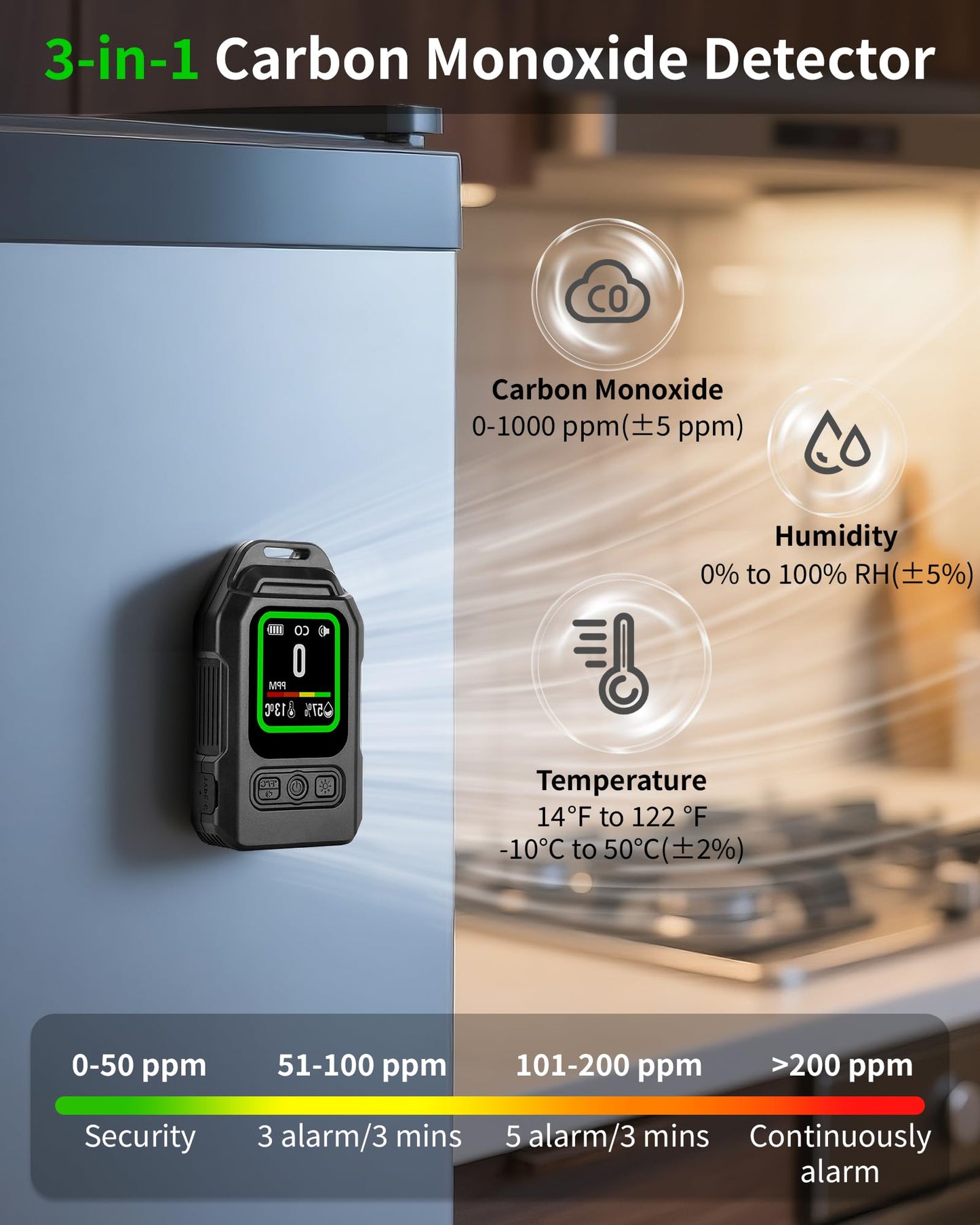Portable Carbon Monoxide Detectors for Travel, 3-in-1 CO Detector with Magnetic Back, 300H Standby, Rechargeable CO Detector with Temp/Hum Audible & Visual Alarm for Camping Hotel Travel Tent Car RV
