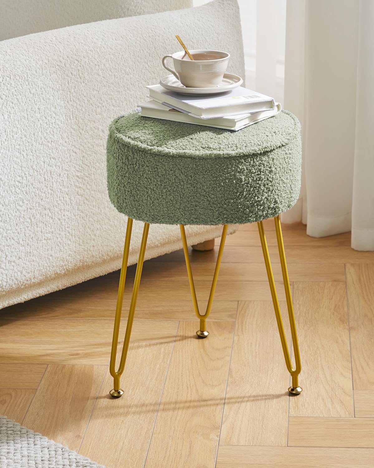 IBUYKE Teddy Velvet Round Footrest Stool Ottoman, Makeup Vanity Stool Side Table, Velvet Dressing Table Seat, Pouf Couch Stool, for Living Room Bedroom, Light Green WBD009D