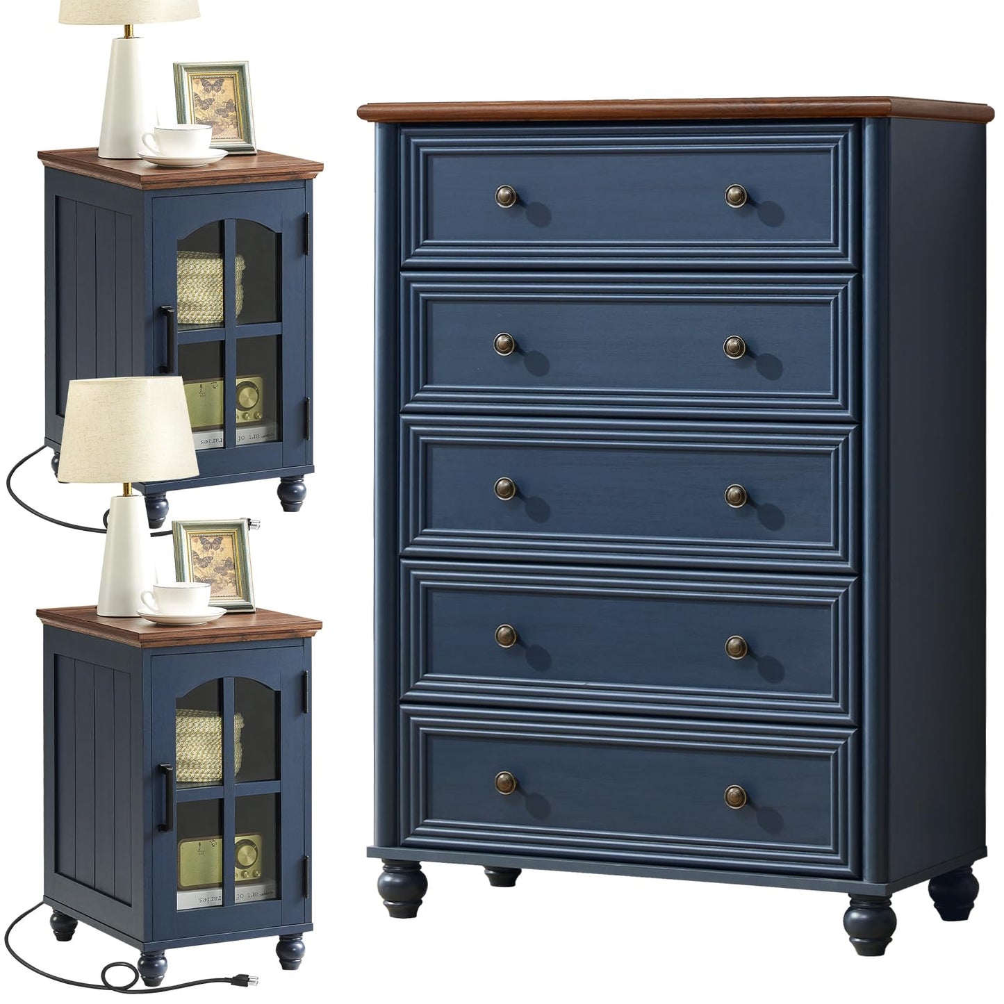 RWYHG Farmhouse Dressers and Nightstand Set of 3,Wood 31.5" Wide 5 Drawer Dresser 18'' Narrow Side Table with Charging Station,Roman Column Bedroom Furniture Dressers Sets for Home Living Room Hallway