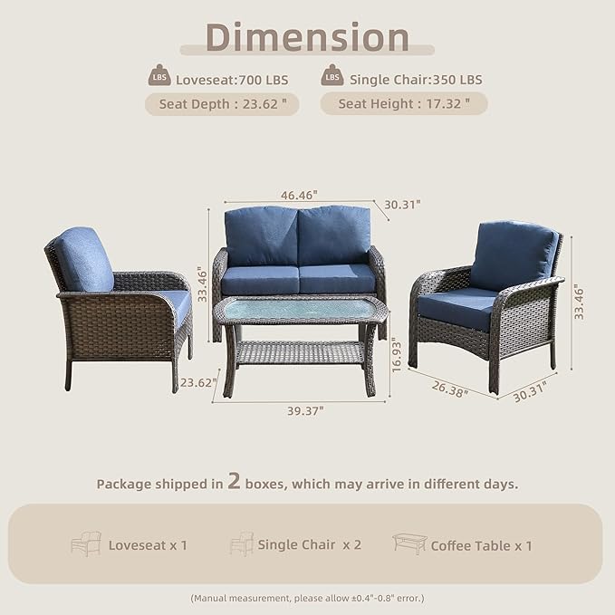 CAODOC 4-Piece Wicker Patio Furniture Set, All-Weather Rattan Conversation Bistro Loveseat Chair and Table Set for Backyard, Balcony and Deck with Soft Cushions and Metal Table(Blue)