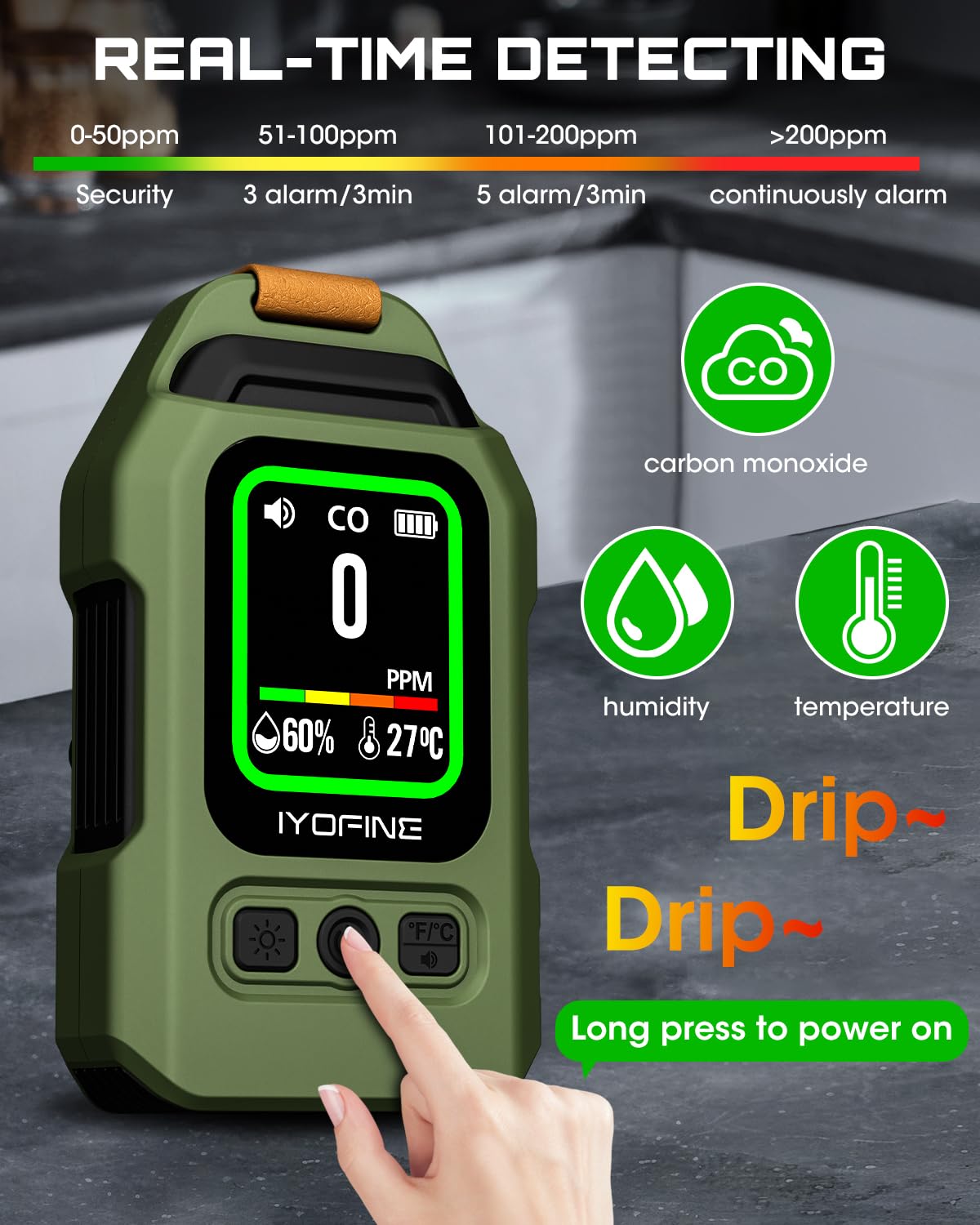 Portable Carbon Monoxide Detector for Travel, 300H Standby, CO Detector with Magnetic Back, Rechargeable 3-in-1 CO Monitor with Audible & Visual Alarm for Camping, Hotel, Car & RV (Green)