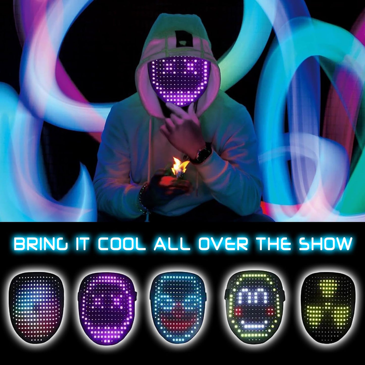 Qxbuhe Led Mask with Gesture Sensing,Unisex LED Lighted Cool Face Transforming for Costume Cosplay Party Masquerade (Kids Mask Rechargeable)