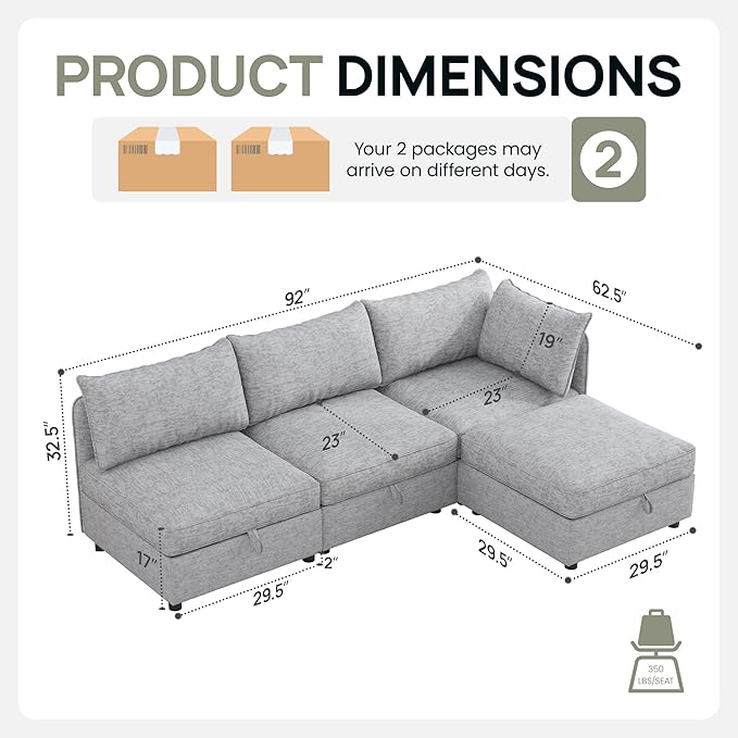FIRLZY Modular Sectional 4 Seater Sofa with Removable Covers and Storage, Convertible L-Shaped and Sleeper Sectional, Modern Upholstered Couch with Removable Ottoman for Living Room, Gray