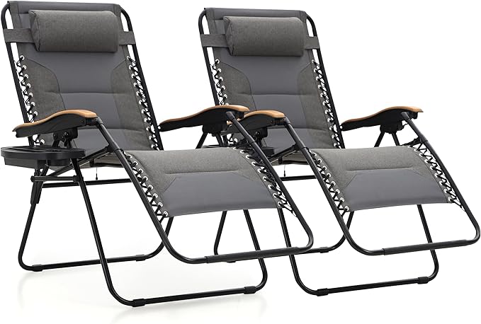 MAISON ARTS Oversized XXL Zero Gravity Chair Set of 2, 30" Wide Seat Padded Foldable Recliner, Anti Gravity Outdoor Lawn Chair for Poolside/Backyard/Beach, Supports 400lbs, Light Grey