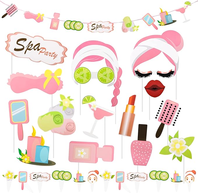 29Pcs Spa Photo Booth Props with Stick Spa Party Decorations Makeup Birthday Party Supplies for Girls Women Makeup Selfie ...