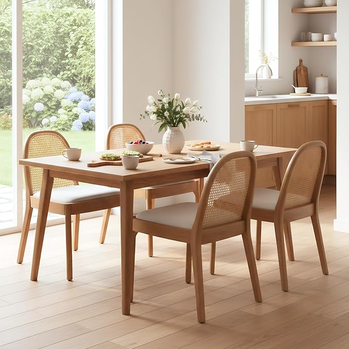 HEAH-YO Rattan Dining Chairs Set of 4, Upholstered Linen Dining Room Chairs with Backrests, Modern Kitchen Chairs with Wood Legs for Dining Room, Beige