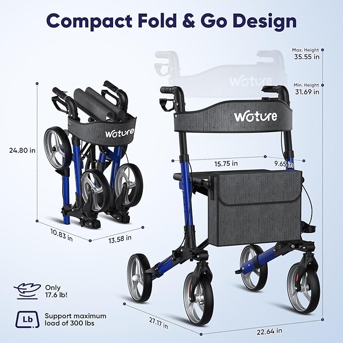 WOTURE Walkers for Seniors, Foldable Rollator Walker with Seat, Height Adjustable, 8'' All Terrain Big Wheels, Lightweight Mobility Aid with Hand Brake & Storage Bag, Blue