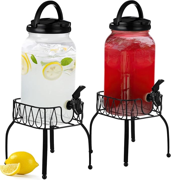 Tanlade 2 Pcs Plastic Drink Dispenser with Stand Beverage Dispenser with Sturdy Metal Base Juice Jar for Parties Lemonade ...