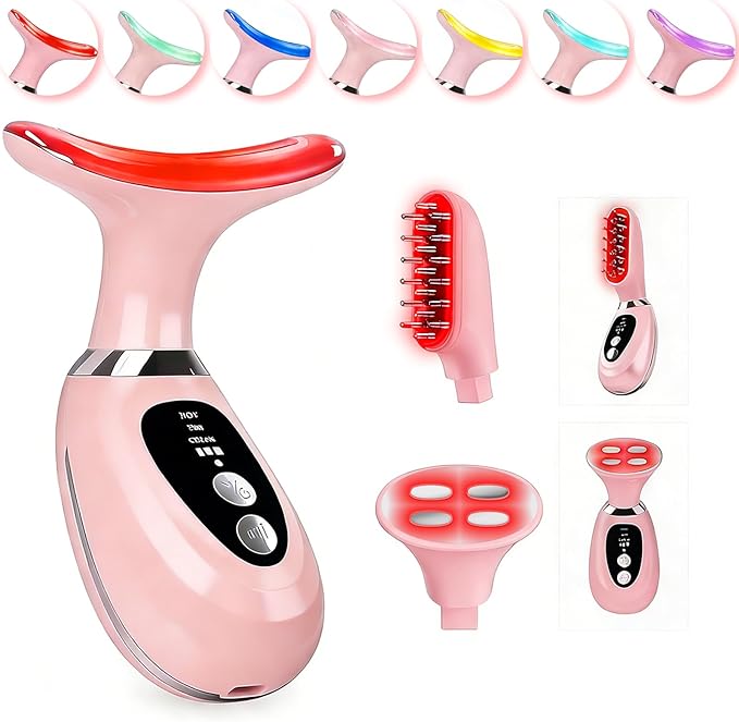Multi-Functional-Red-Light-Therapy-for-Face and Neck-Eye-Head Massager,7 Colors Skin Rejuvenation Lifting Facial Massager for Toning,Glow Boost，Wrinkle&Dark Circle Reducer (Pink)