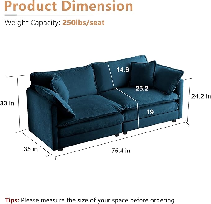 mikibama Luxury Loveseat Sofa Couch, 76" Modern Chenille Deep 2-Seater Cloud Couch with 2 Armrest Pillows and 2 Toss Pillows, Love Seat for Living Room Bedroom Office Apartment, Blue