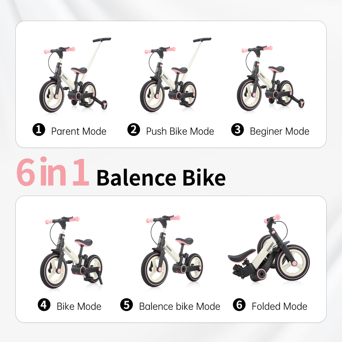 EOOWOY Balance Bike with Push Handle for Kids 18-60 Months, 6 in 1 Foldable Push Bike with Training Wheels & Pedals, Balance Bicycle for Boys and Girls with Brakes & Kickstand, Pink