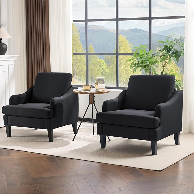 VINGLI Linen Fabric Accent Chairs Set of 2, Black Modern Upholstered Armchair, Comfy Sofa Chair Living Room Bedroom Furniture for Apartment