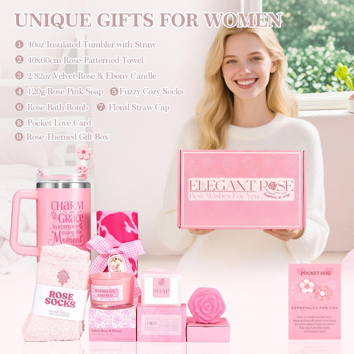 Birthday Gifts for Women Self Care Gift - Get Well Soon Gift Thank You Gift Retirement Gift - Rose Relaxing Spa Gift Basket Self Care Package for Women, Best Friend, Girlfriend, Wife, Mom, Sister, Her