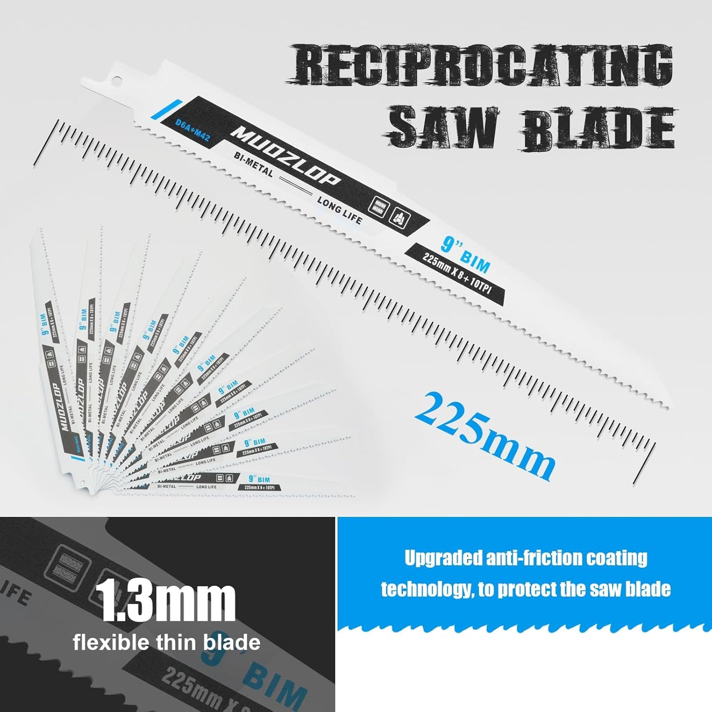 MUOZLOP10Pack 9inch Reciprocating Saw Blades Set,8+10TPI High Carbon Saw Blades,Metal Saw Blades with Organizer Case (10, 8+10TPI/225mm)