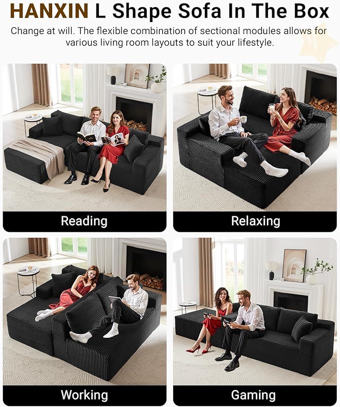 105 Inch Cloud Sectional Couch,Modern Modular Sectional Sofa with Deep Seat,Corduroy Boneless Couches with L-Shape Chaise for Living Room Bedroom,No Assembly Required (Black, Left Facing Chaise)