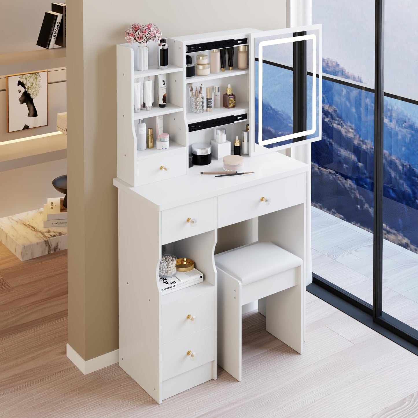Zyerch Small Makeup Vanity Desk with Mirror and LED Lights, Small Vanity Desk with Storage Stool, 3-Mode Adjustable Lights, Compact Vanities with Storage Shelves Drawers，White