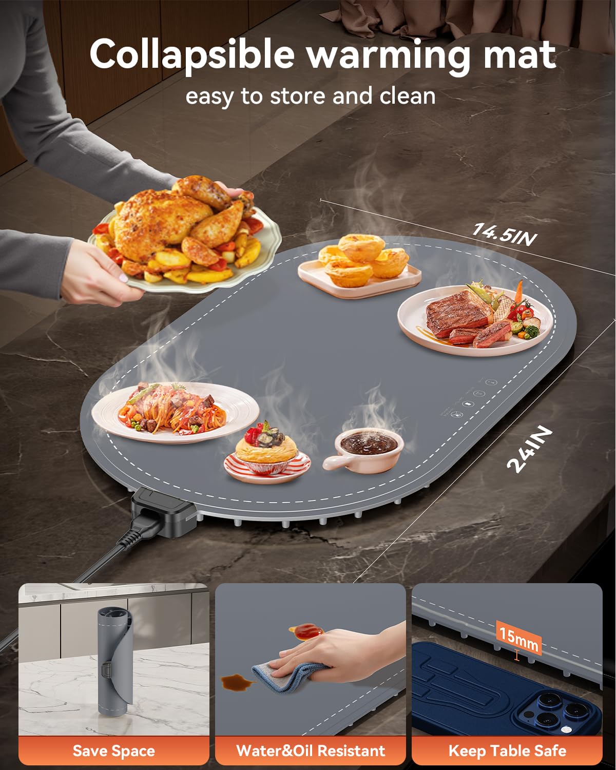 Warming Mat for Food with Heat-Resistant Pad(24"x15"),Food Warming Mats for Countertop,Roll Up Silicone Warmer Mat for Party Buffet,Christmas House Warming Gift for Home Hosting Daily Use(Gray)