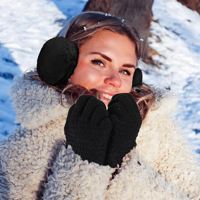 SATINIOR 5 Pcs Winter Hat Scarf Gloves Set Fleece Warm Lined Knit Beanie Hat Touch Screen Earmuff Gloves Warmer for Women