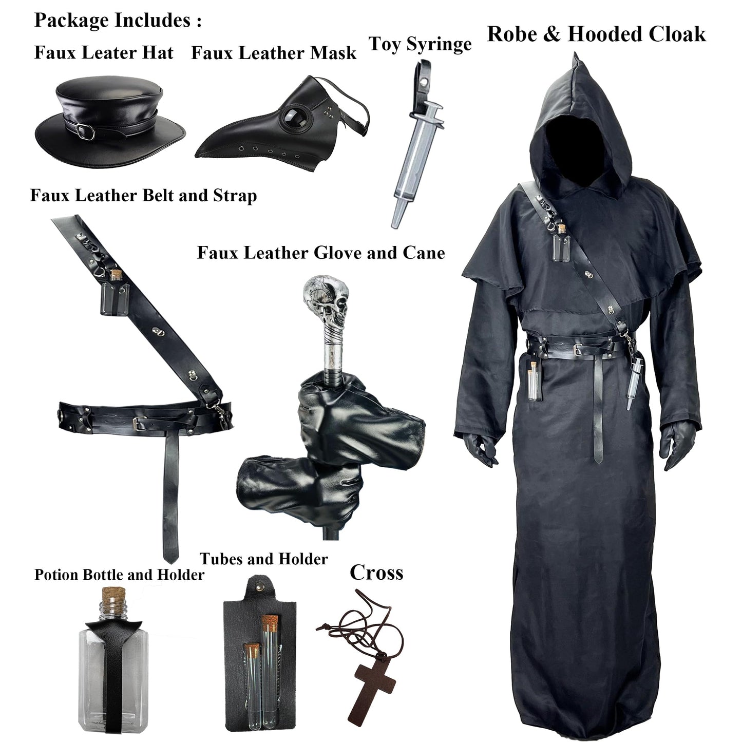 Plague Doctor Costume Set Halloween Props Renaissance Medieval Monk Priest Cosplay Outfit Mask Hat Robe Cane (Black, M)