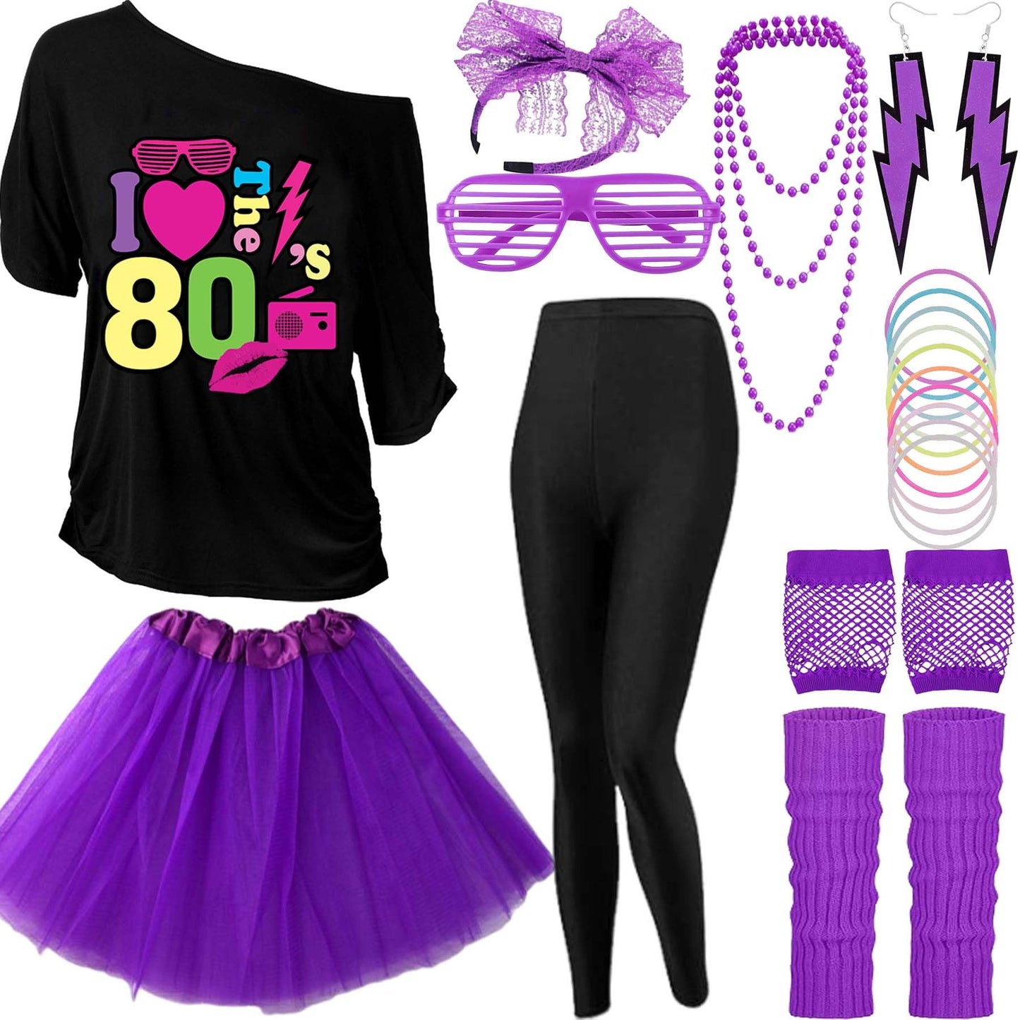 GDXINYES 22 Pieces Halloween Women 80s Costume Accessories Set 80s Cosplay costume for women 1980s outfits 80's costume outfits (Purple+Black Leggings 3XL)