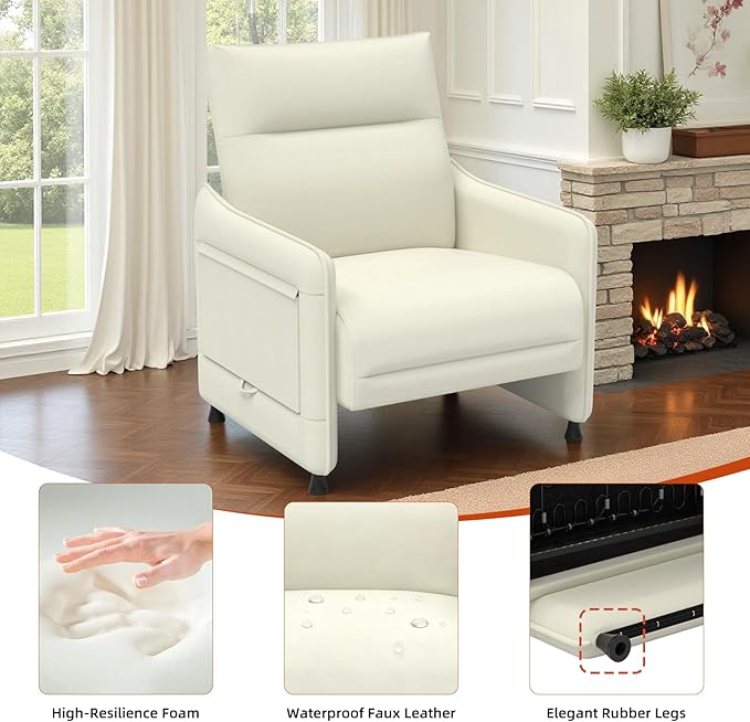 Tbillionnext 3-Piece Living Room Sofa Set, Faux Leather Loveseat & Accent Chairs Set of 2 with Hidden Foldable Tray & Side Pocket, Rear Contour Arm Design, Upholstered Sofa Set for Office, Beige