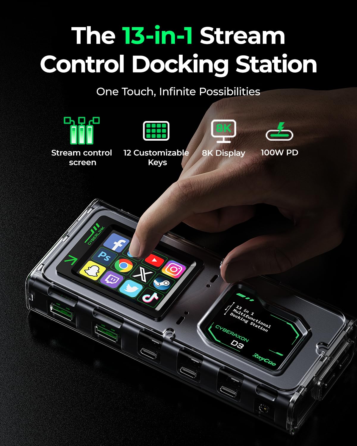 RayCue CyberAxon D3 13-in-1 USB C Docking Station - 4K HDMI, 100W PD, Touchscreen, Mac/Windows/iPad Compatibility