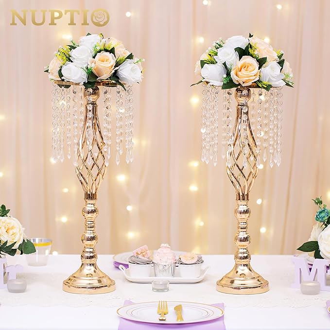 NUPTIO Artificial Flower Centerpieces for Tables: Peachy Champagne & White Flower Ball Arrangement for Wedding Party - 2 Pcs 9.5 Inch Diameter Floral Rose for Bridal Shower Decor