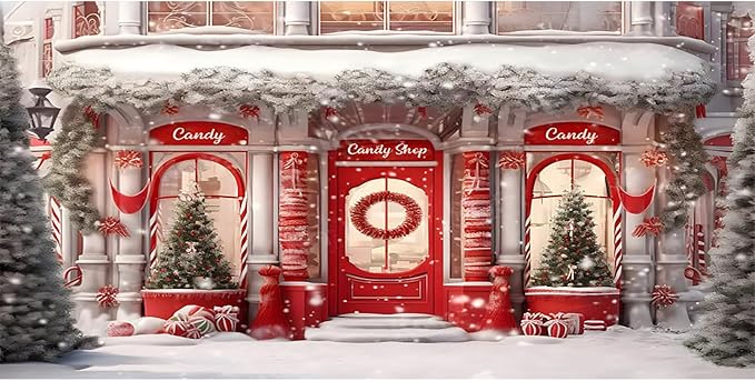 Baocicco 20x10ft Red Christmas Candy Shop Photo Backdrop Xmas Gingerbread House Banner Santa Candy Background Christmas Ba...